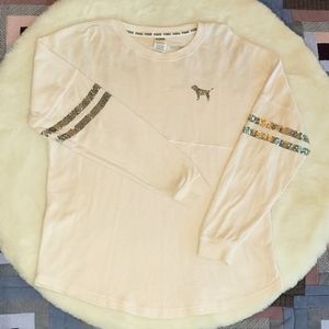 Victoria's Secret Pink Cream Big Silver Sequin Preppy Casual Crewneck Top